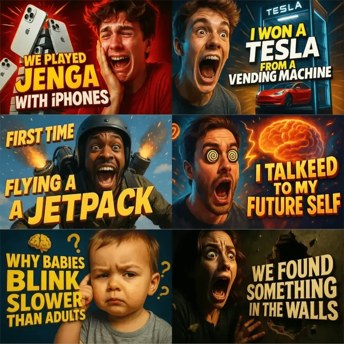 Example output from the Scrollstopping YouTube Thumbnails ChatGPT prompt: dramatic, expressive faces with bold 3D titles and cinematic colors, optimized for viral engagement and instant visual impact in thumbnail design.