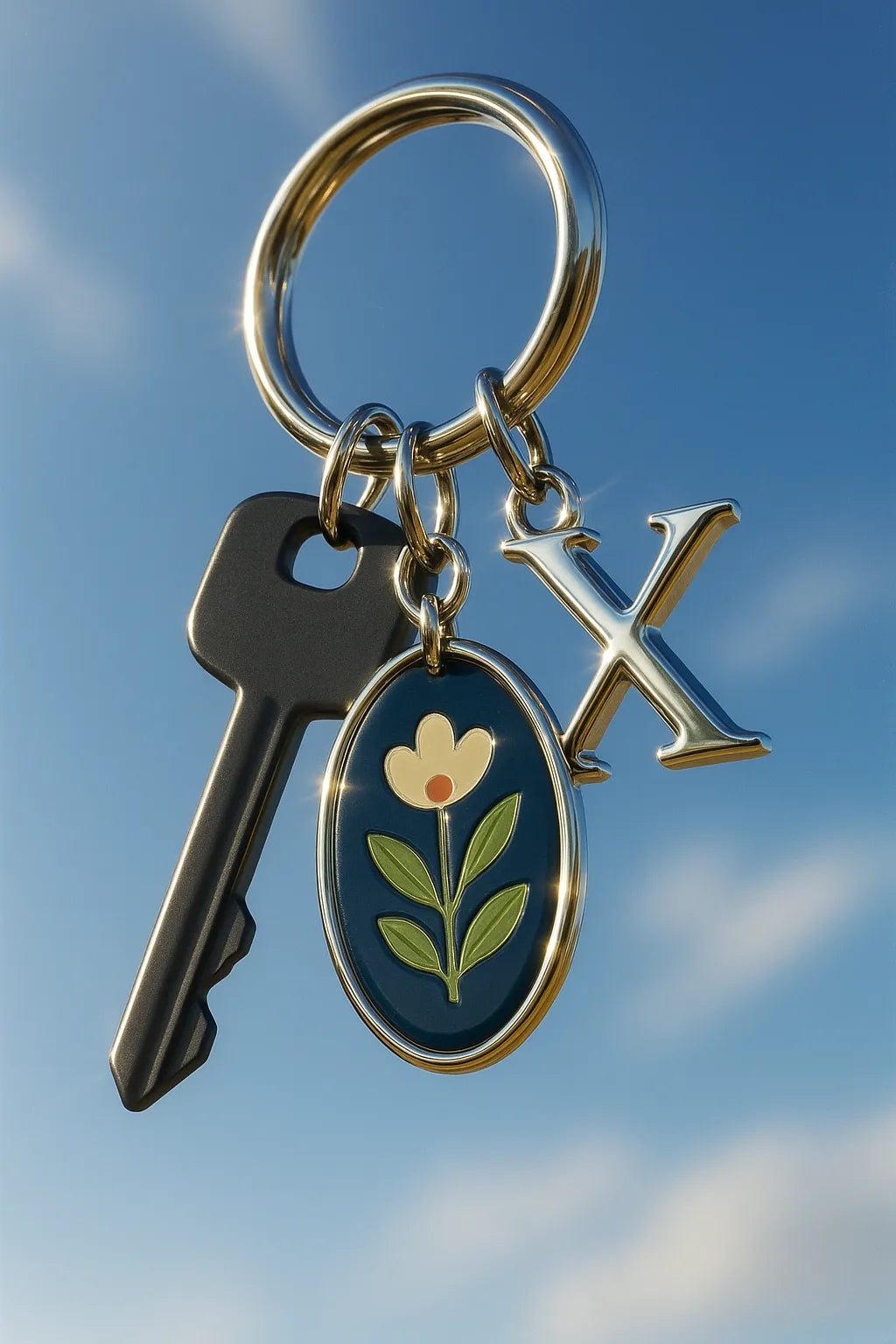 Example output from the Sky Floating Keychain CGI ChatGPT prompt: Matte Black Modern Key.