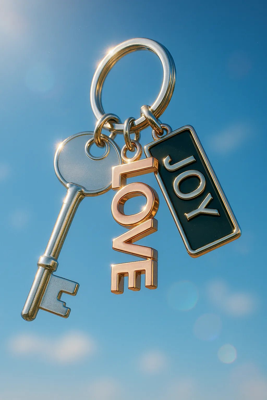 Example output from the Sky Floating Keychain CGI ChatGPT prompt: Polished Nickel Key.