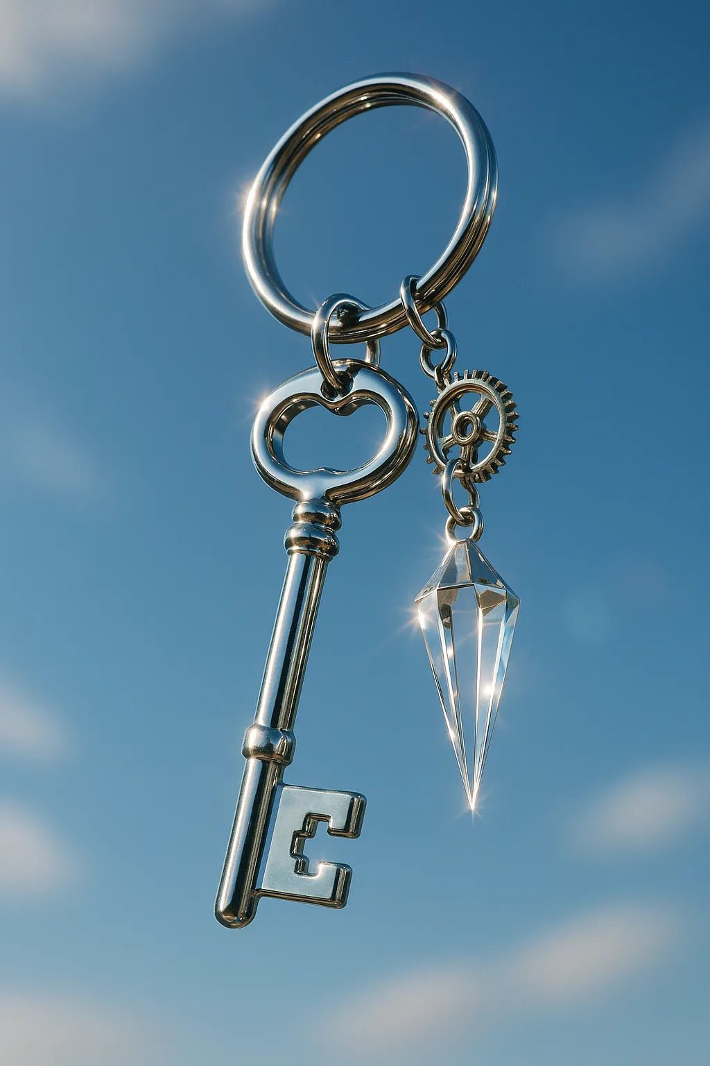 Example output from the Sky Floating Keychain CGI ChatGPT prompt: Posished Titanium Skeleton Key.