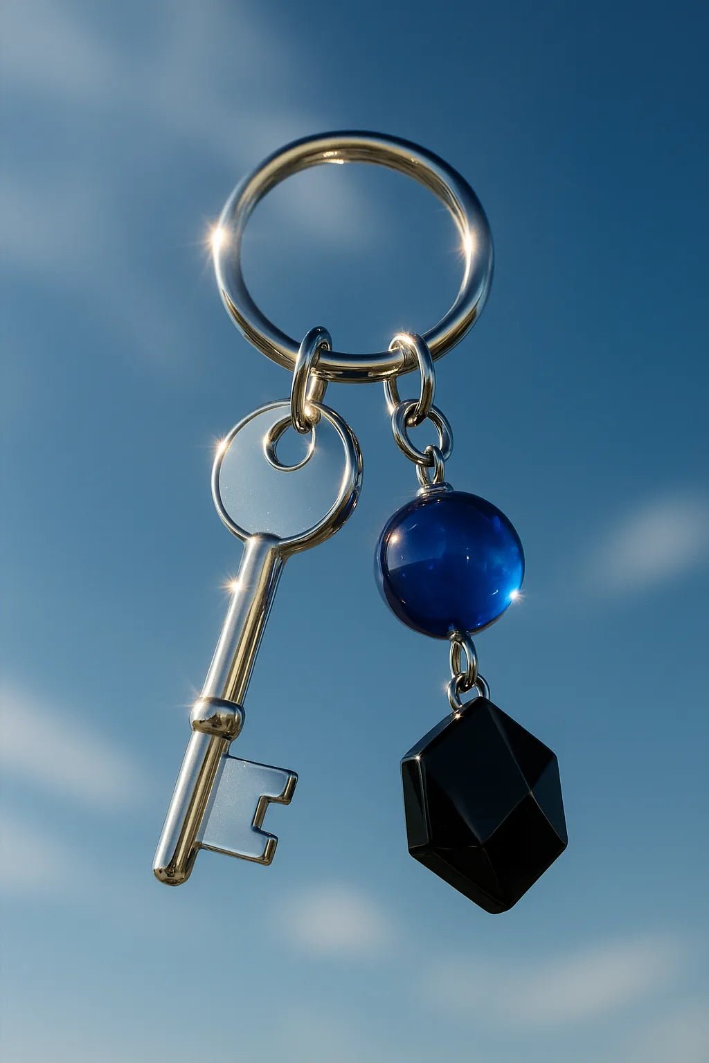Example output from the Sky Floating Keychain CGI ChatGPT prompt: Shiny Chrome Key.