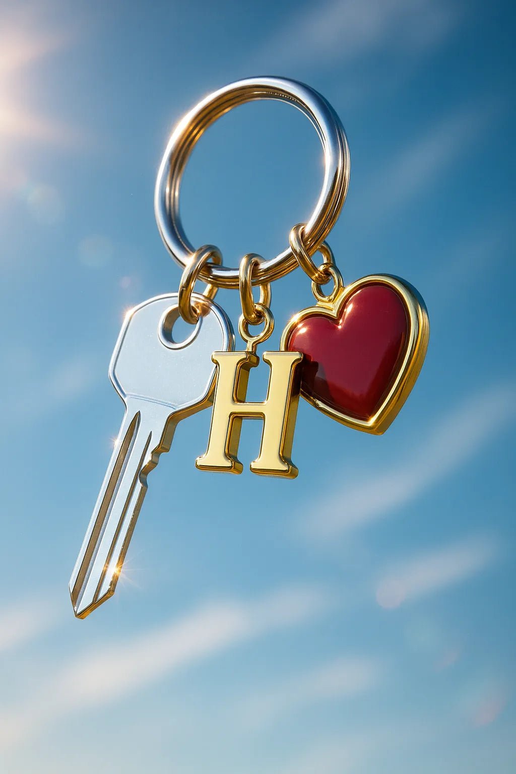 Example output from the Sky Floating Keychain CGI ChatGPT prompt: Sleek Silver House Key.
