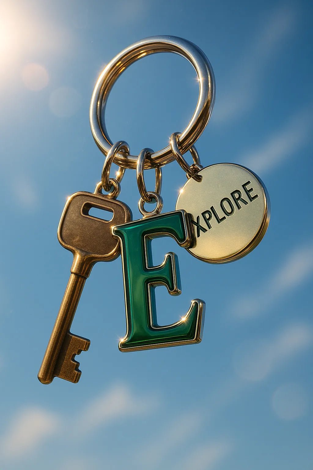 Example output from the Sky Floating Keychain CGI ChatGPT prompt: Vintage Bronze Car Key.