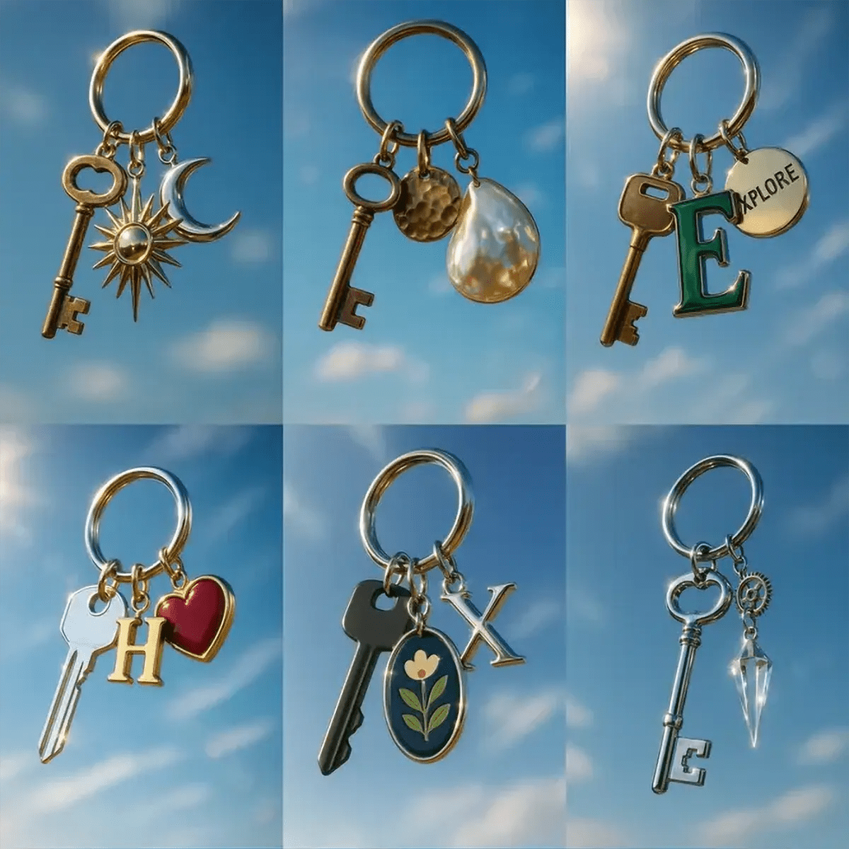 Example output from the Sky Floating Keychain CGI ChatGPT prompt: realistic 3D keychains suspended mid-air, rendered in sunlit skies with soft bokeh, metallic reflections, and varied charms like hearts, initials, and crystals.