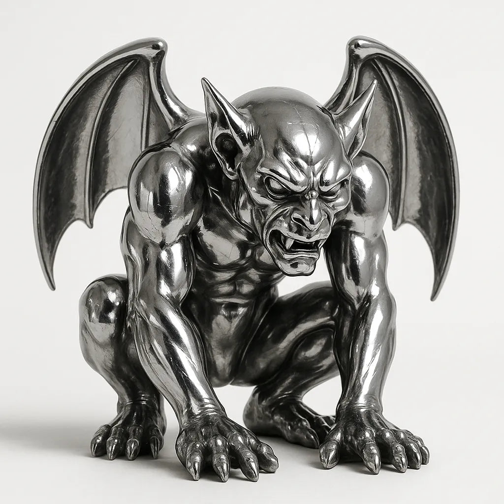 Example output of sleek chrome luxury object photo generated by a ChatGPT prompt template, featuring a gothic creature.