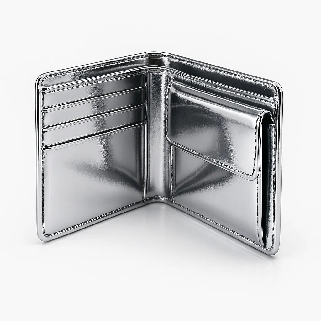 Example output of sleek chrome luxury object photo generated by a ChatGPT prompt template, featuring a wallet.