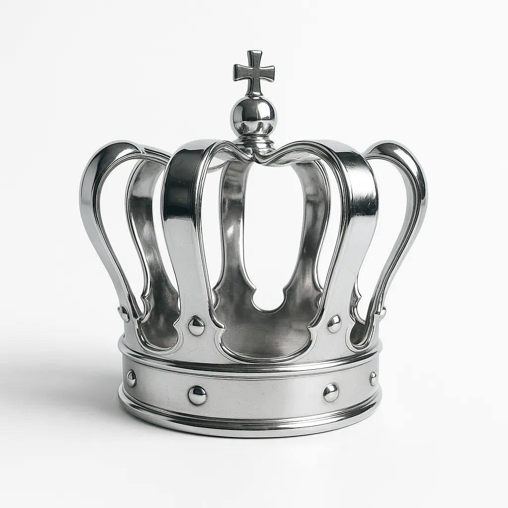 Example output of sleek chrome luxury object photo generated by a ChatGPT prompt template, featuring a royal crown.