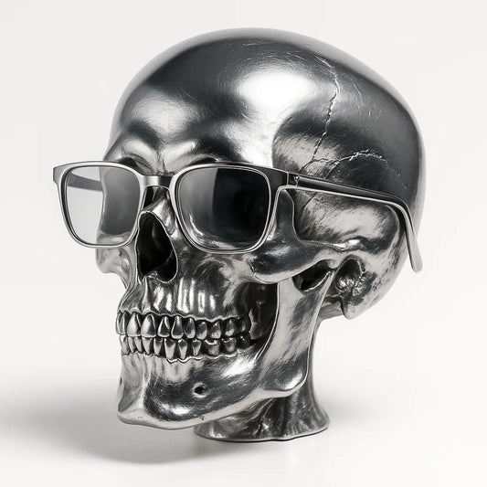 Example output of sleek chrome luxury object photo generated by a ChatGPT prompt template, featuring a skull with sunglasses.