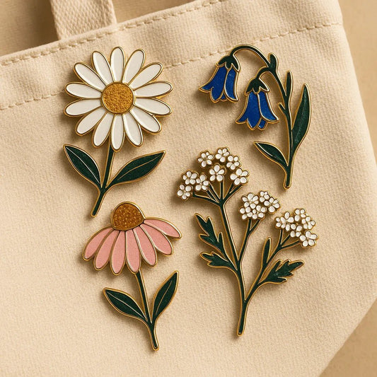 Example output from the Small Pin Sets On Real Objects ChatGPT prompt: curated enamel pin set. Flowers.