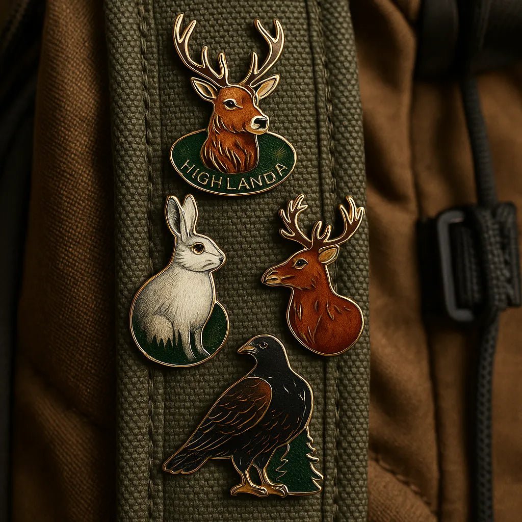 Example output from the Small Pin Sets On Real Objects ChatGPT prompt: curated enamel pin set. Forest Creatures.