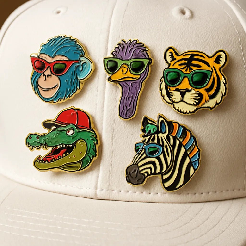 Example output from the Small Pin Sets On Real Objects ChatGPT prompt: curated enamel pin set. Funky Animals.