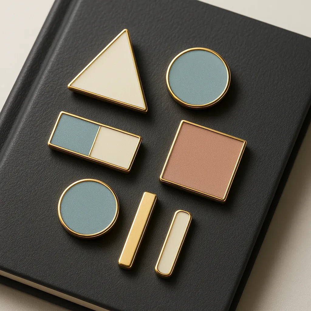 Example output from the Small Pin Sets On Real Objects ChatGPT prompt: curated enamel pin set. Geometric Shapes.