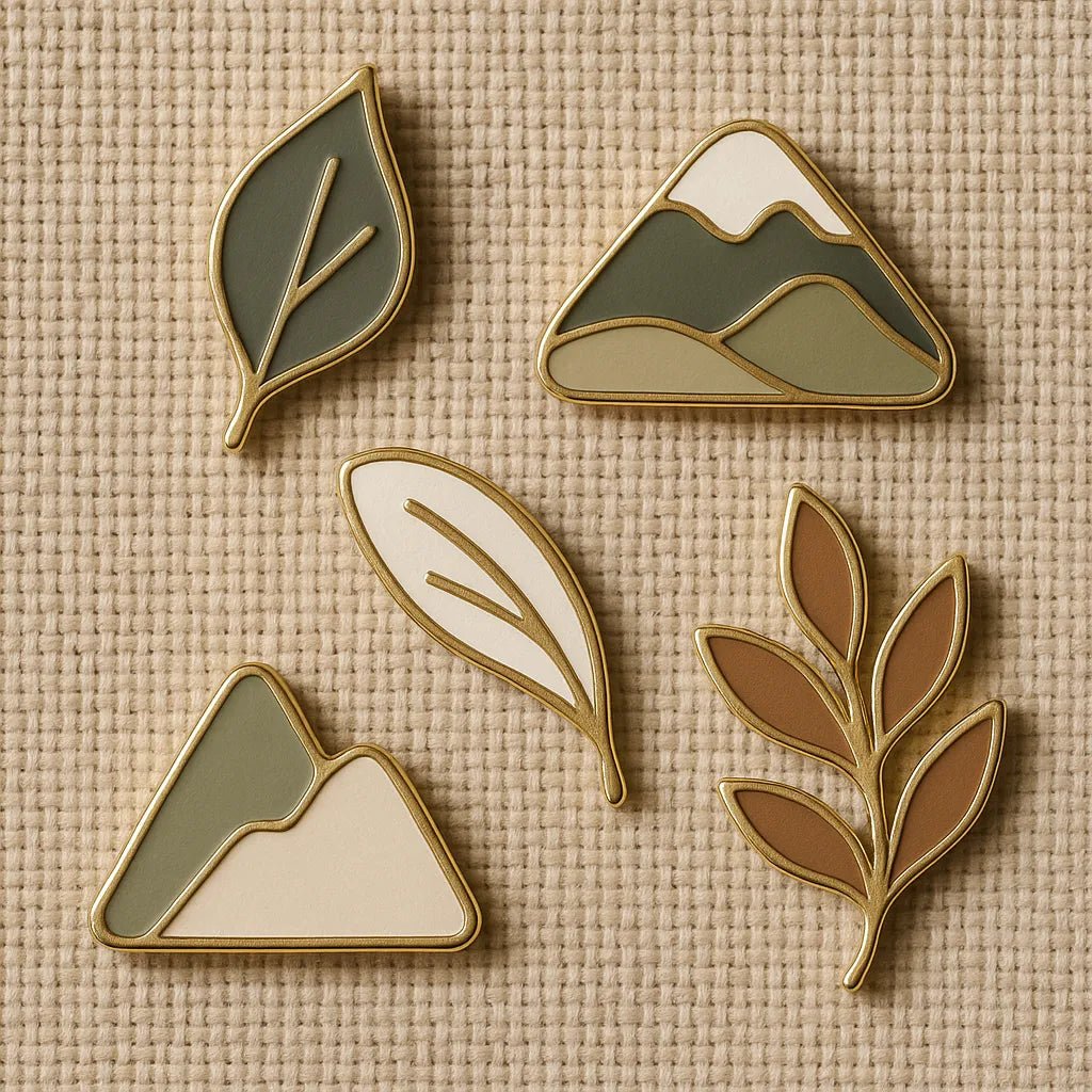 Example output from the Small Pin Sets On Real Objects ChatGPT prompt: curated enamel pin set. Leaves.