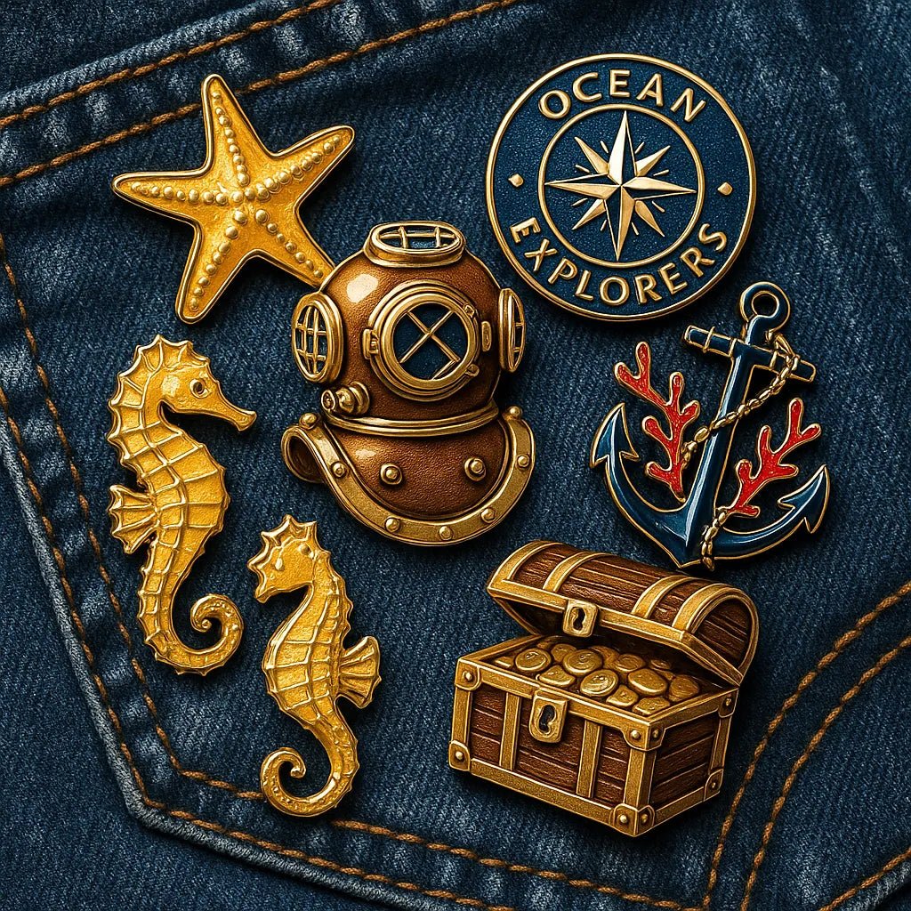 Example output from the Small Pin Sets On Real Objects ChatGPT prompt: curated enamel pin set. Marine Creatures.