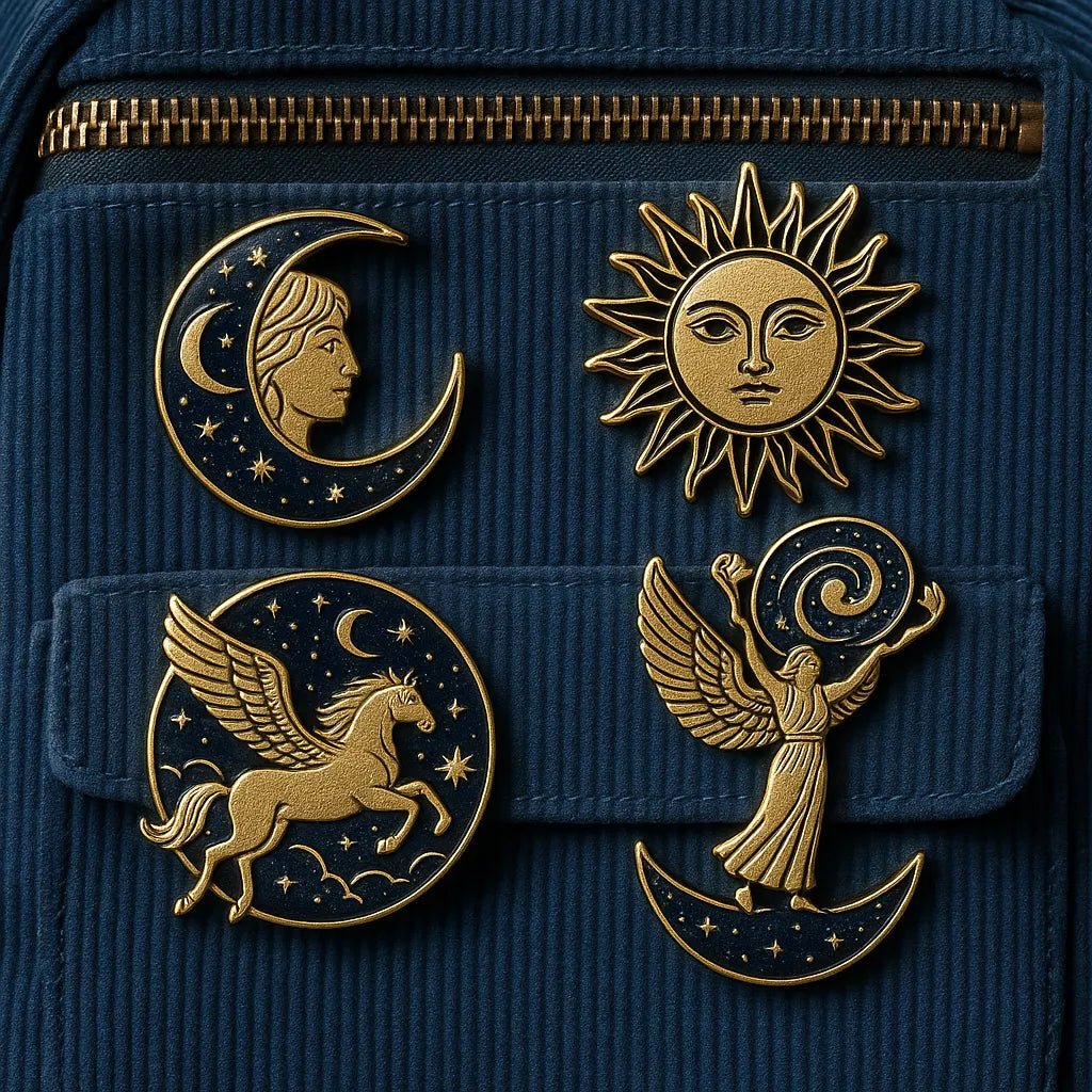 Example output from the Small Pin Sets On Real Objects ChatGPT prompt: curated enamel pin set. Mystical.