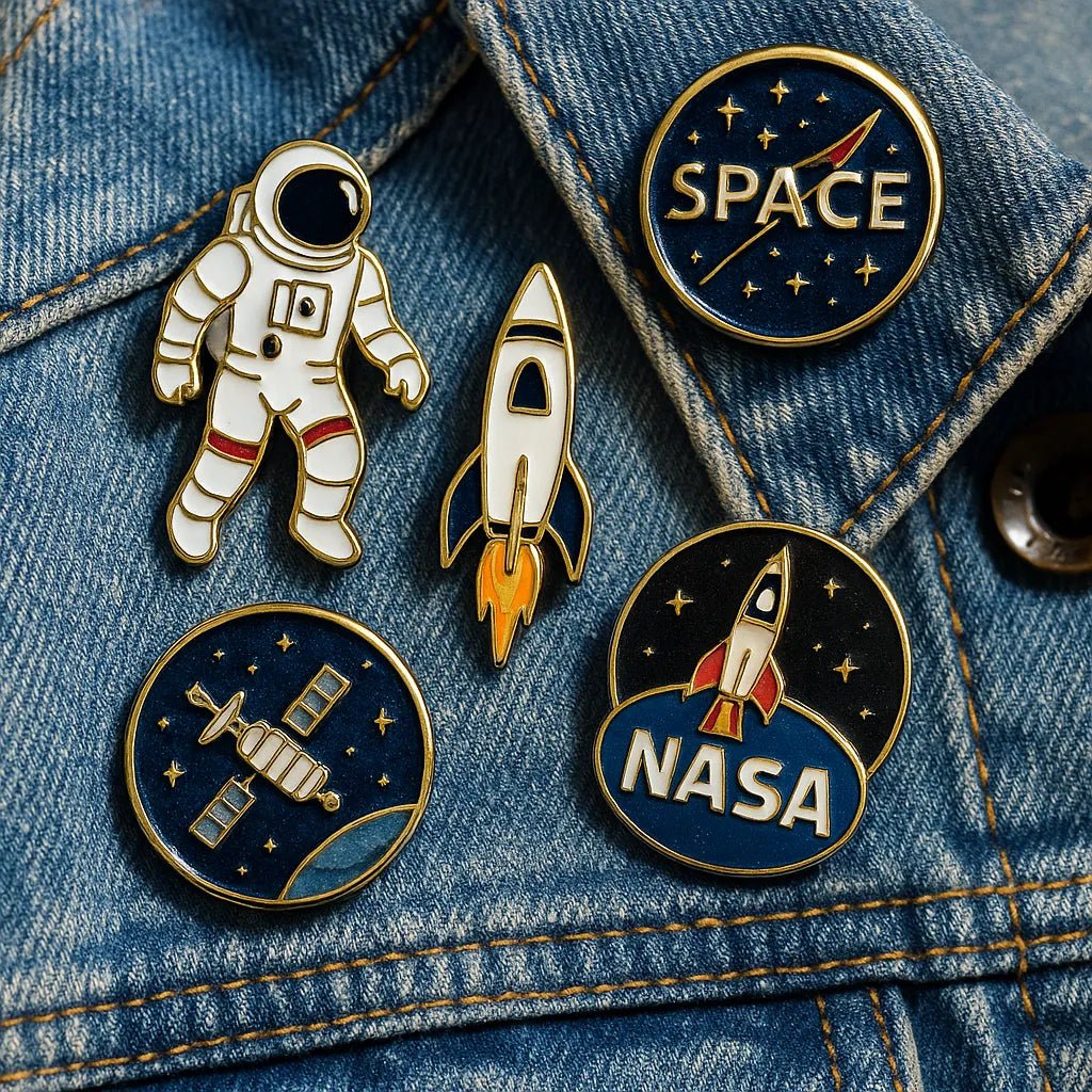 Example output from the Small Pin Sets On Real Objects ChatGPT prompt: curated enamel pin set. Nasa.