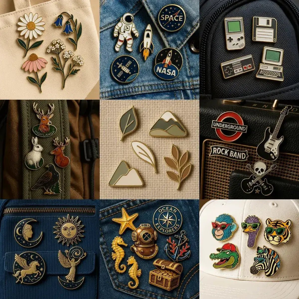 Example output from the Small Pin Sets On Real Objects ChatGPT prompt: curated enamel pin sets displayed on denim, paper, and fabric surfaces, featuring sharp metallic highlights and realistic product-style photography.