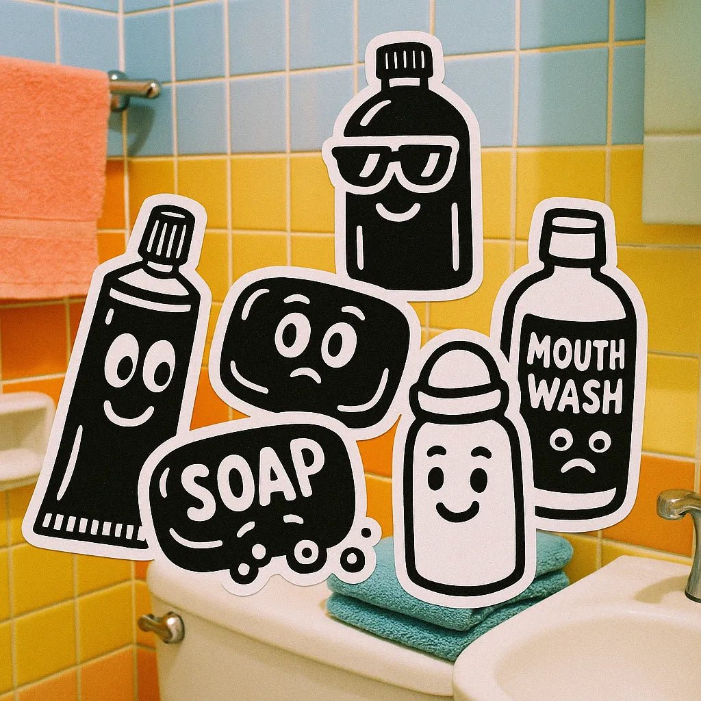 Example output from the Sticker Collages On Real Photos ChatGPT prompt: real-world scenes overlaid with cartoon sticker graphics. Bathroom Stuff.