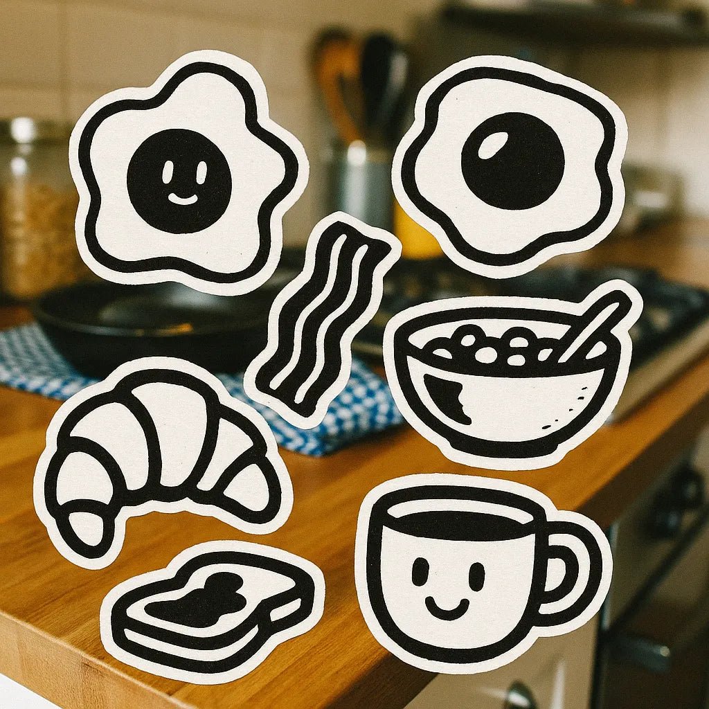 Example output from the Sticker Collages On Real Photos ChatGPT prompt: real-world scenes overlaid with cartoon sticker graphics. Breakfast.
