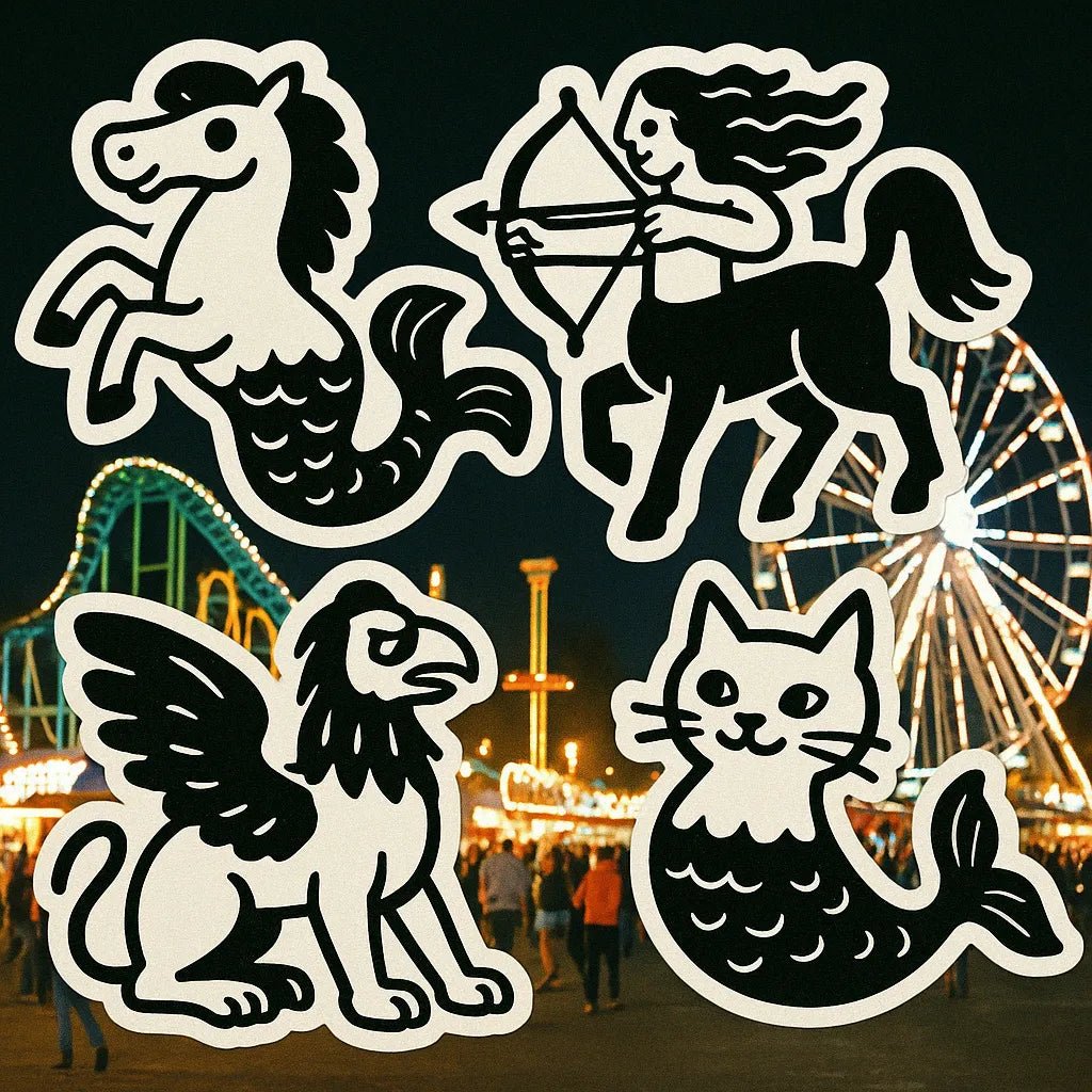 Example output from the Sticker Collages On Real Photos ChatGPT prompt: real-world scenes overlaid with cartoon sticker graphics. Mytical.