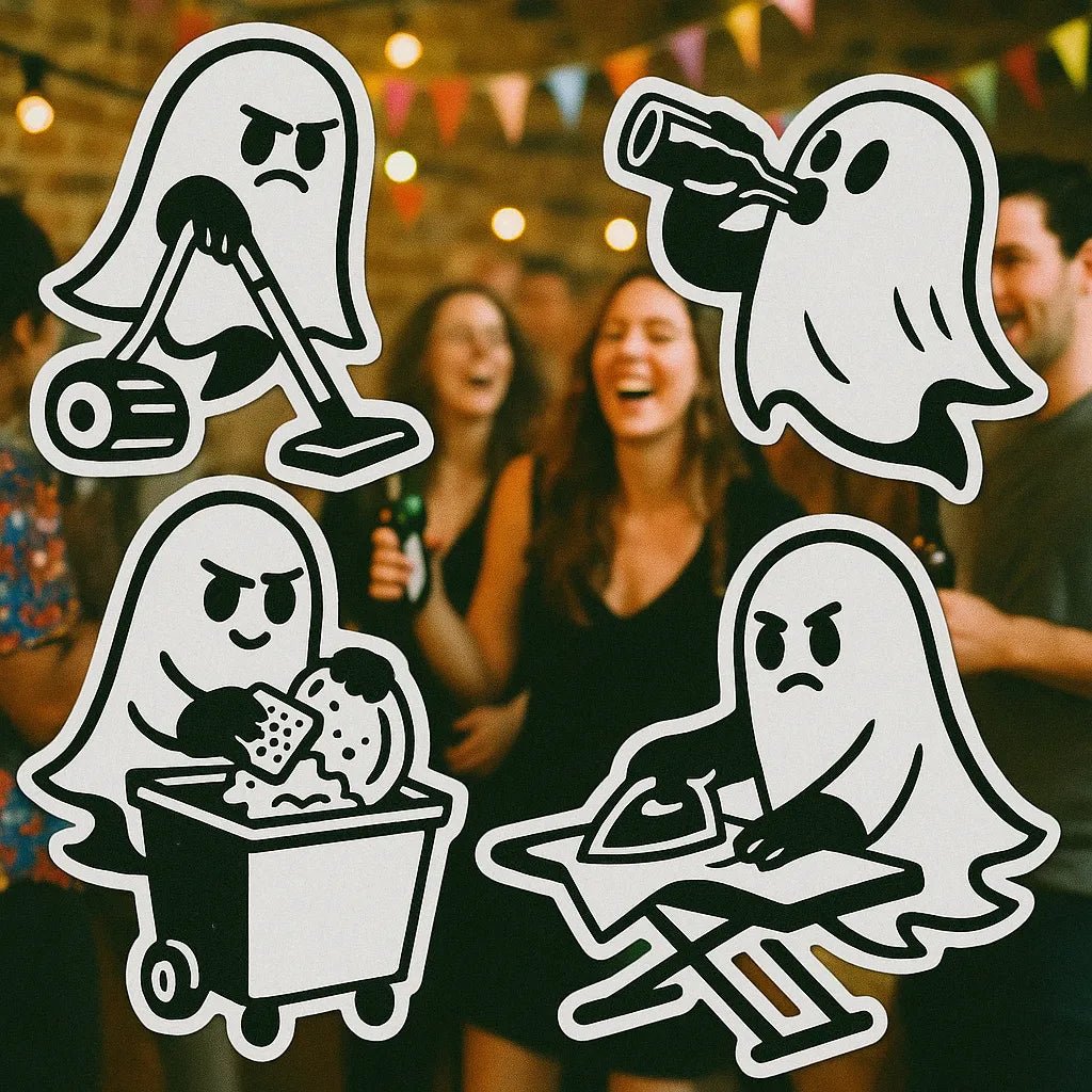 Example output from the Sticker Collages On Real Photos ChatGPT prompt: real-world scenes overlaid with cartoon sticker graphics. Phantom.
