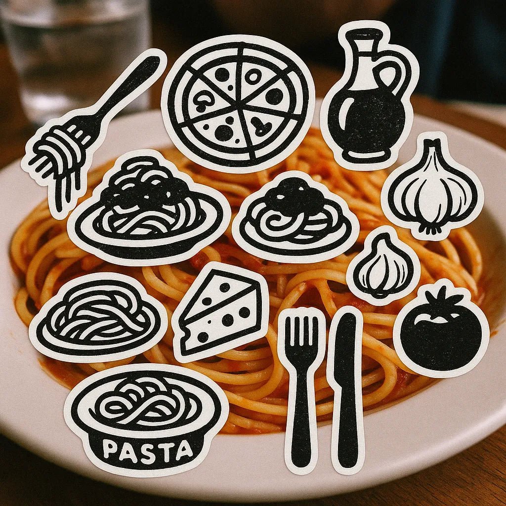 Example output from the Sticker Collages On Real Photos ChatGPT prompt: real-world scenes overlaid with cartoon sticker graphics. Pizza.