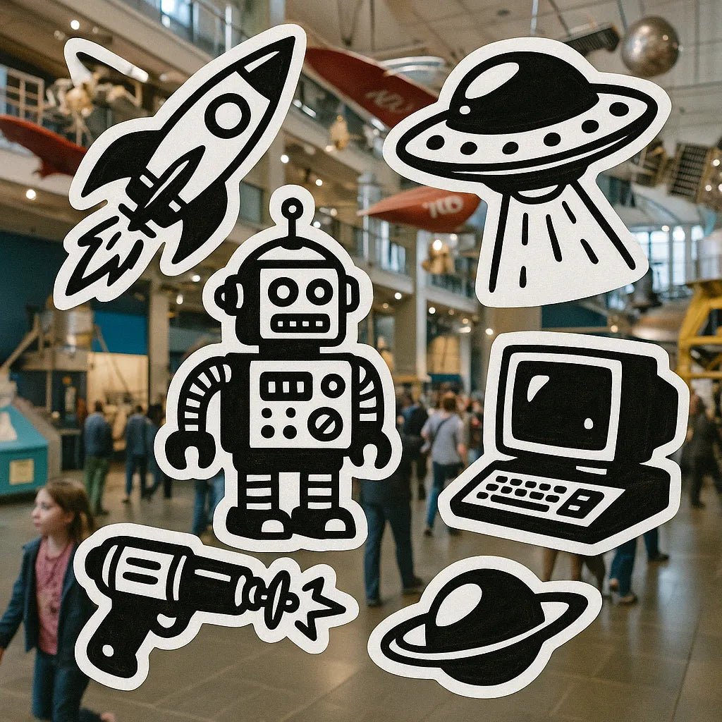 Example output from the Sticker Collages On Real Photos ChatGPT prompt: real-world scenes overlaid with cartoon sticker graphics. Robots.