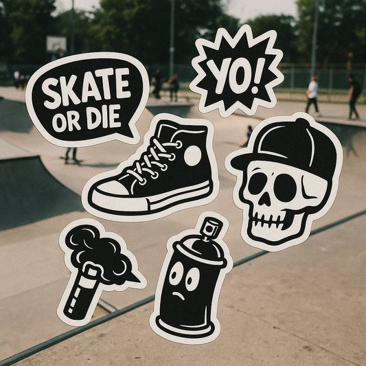 Example output from the Sticker Collages On Real Photos ChatGPT prompt: real-world scenes overlaid with cartoon sticker graphics. Skater.