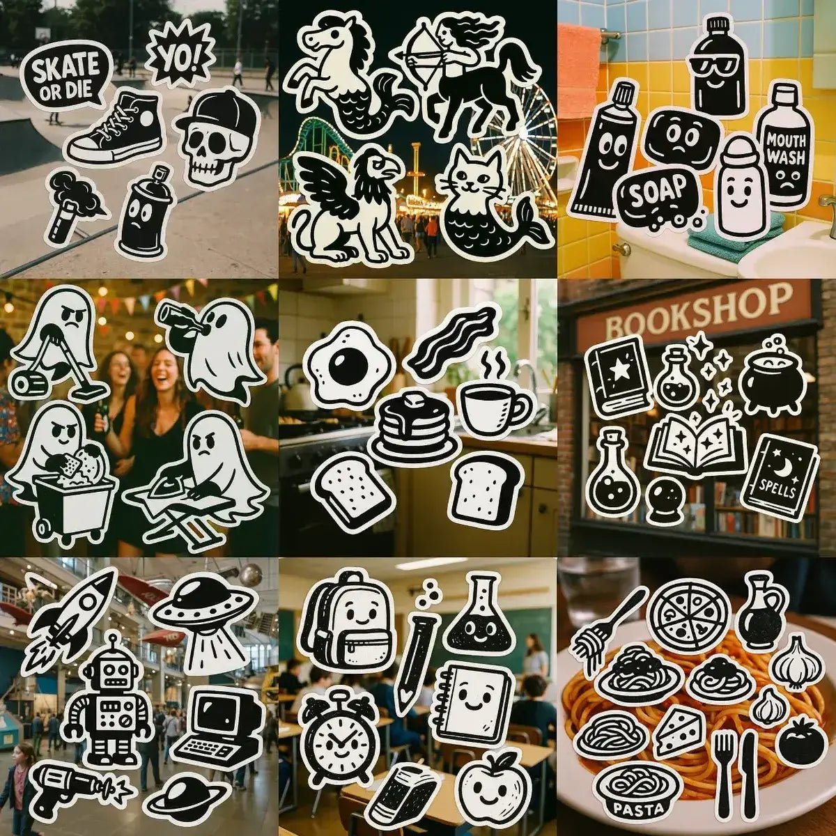 Example output from the Sticker Collages On Real Photos ChatGPT prompt: real-world scenes overlaid with cartoon sticker graphics in white-bordered line art, featuring playful collage grids and zine-inspired visuals.