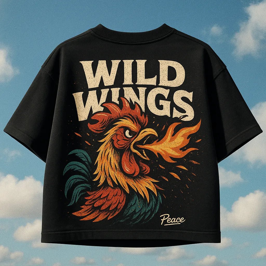 Example output from the Streetwear Black T-Shirt Design ChatGPT prompt: Wild Wings