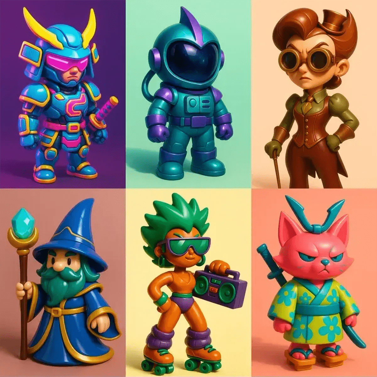 Examples output of stylized 3D cartoon toy portraits: a samurai helmeted warrior, space explorer, steampunk adventurer, wizard with staff, roller-skating character with boombox, and katana-wielding cat, each rendered in glossy vinyl style against minimal color backgrounds.