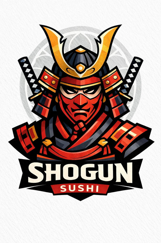 Example output from the Stylized Mascot Bust Logo Designs ChatGPT prompt: a Shogun Sushi logo with a red and black samurai bust in helmet and crossed swords above a banner wordmark.
