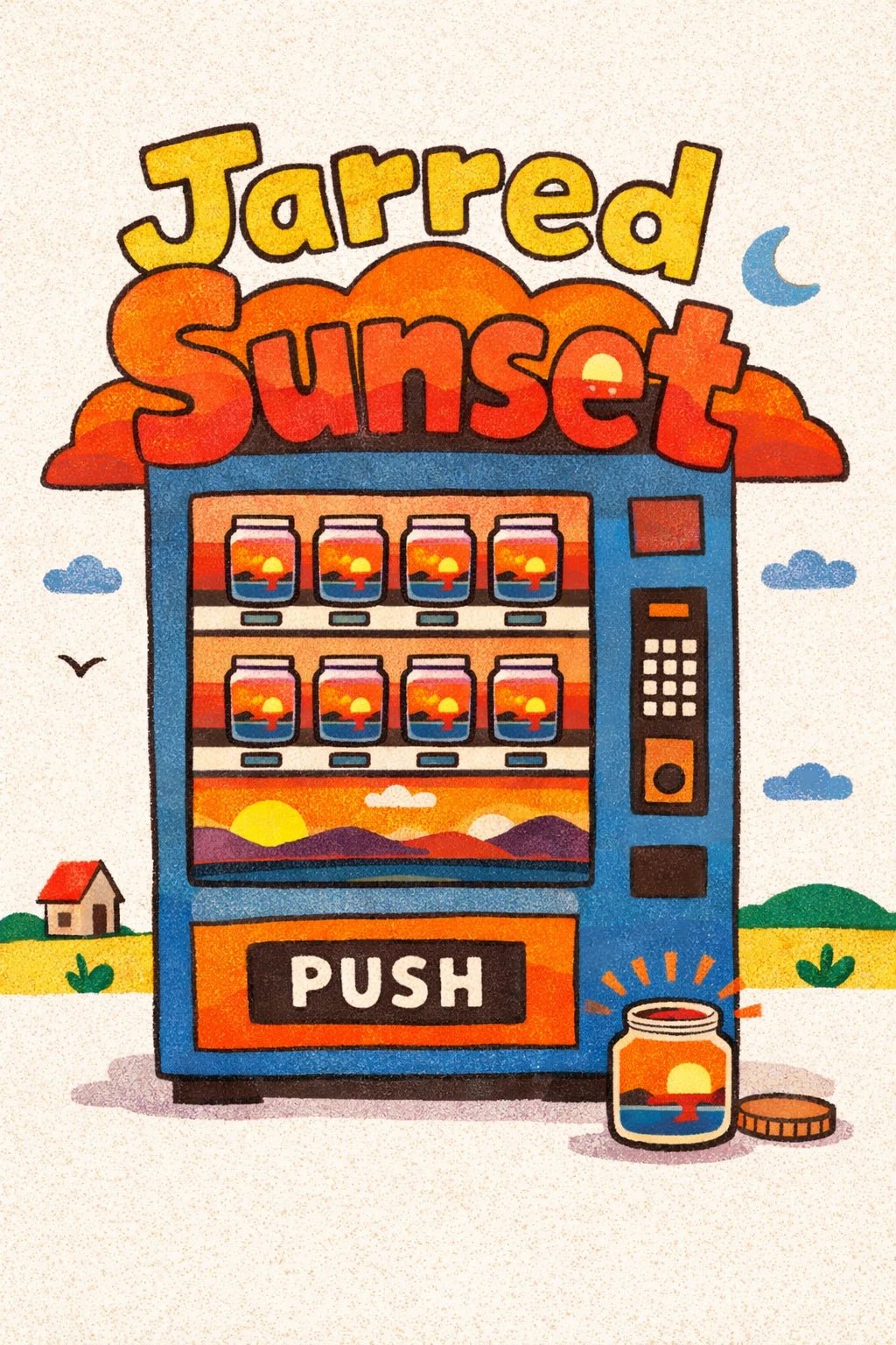 Whimsical poster illustration with surreal childlike doodle scene and chunky hand-drawn typography in bright, playful colors: Jarred Sunset.