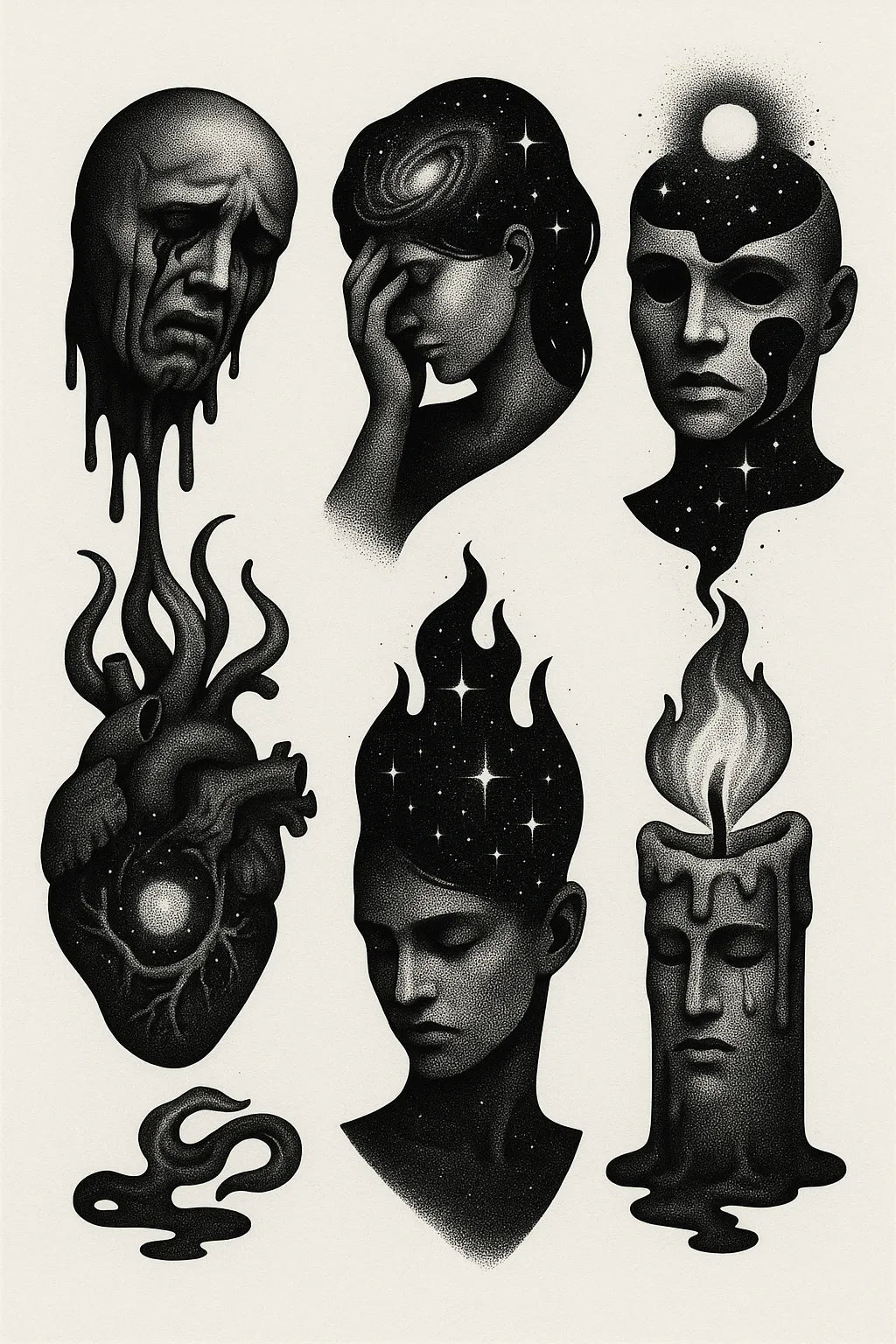 Example output from the Surreal Flash Tattoos in Black & White ChatGPT prompt: eerie monochrome illustration. Preview 2.