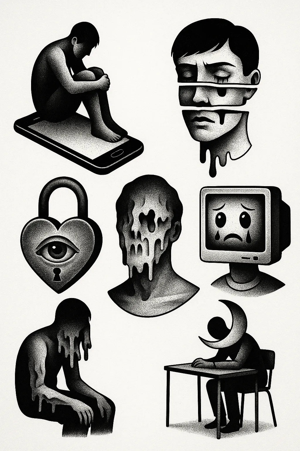 Example output from the Surreal Flash Tattoos in Black & White ChatGPT prompt: eerie monochrome illustration. Preview 3.