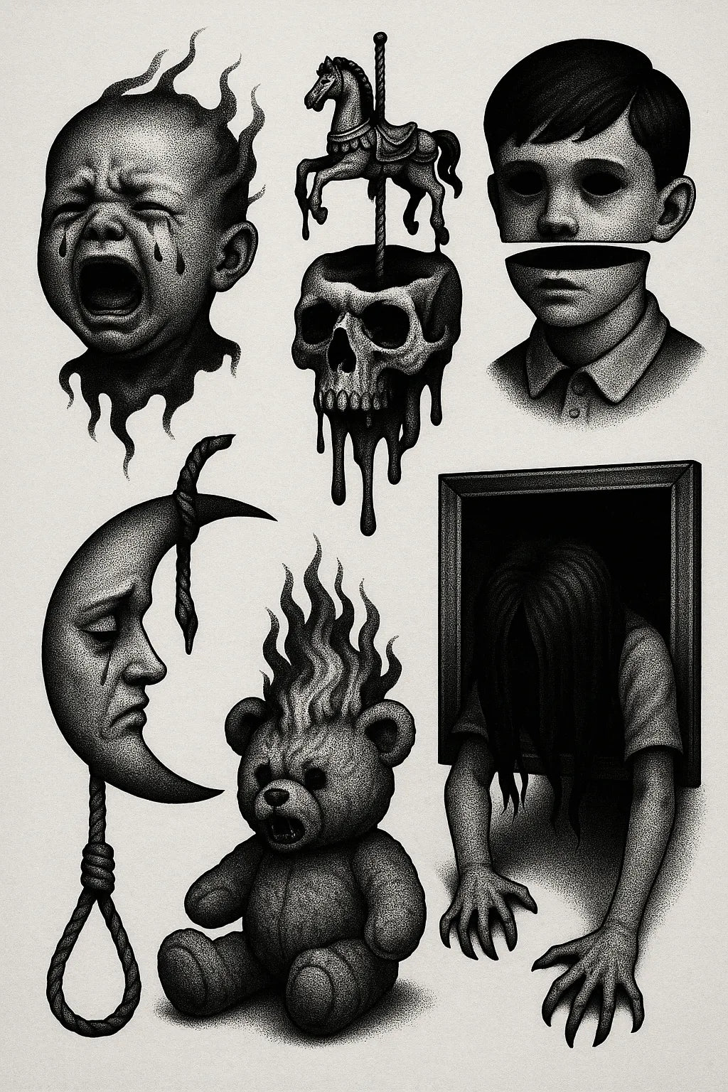 Example output from the Surreal Flash Tattoos in Black & White ChatGPT prompt: eerie monochrome illustration. Preview 5.