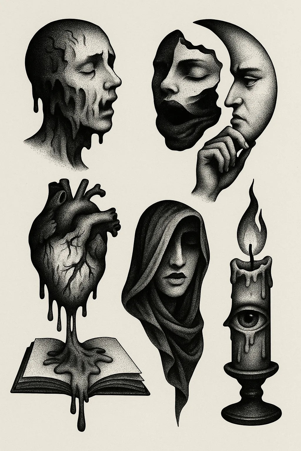 Example output from the Surreal Flash Tattoos in Black & White ChatGPT prompt: eerie monochrome illustration. Preview 7.