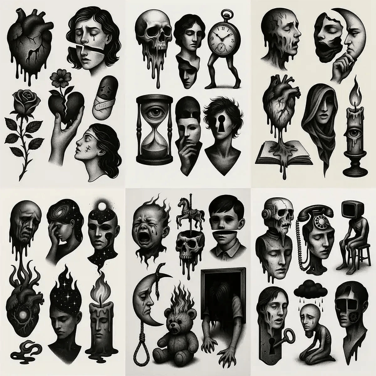 Example output from the Surreal Flash Tattoos in Black & White ChatGPT prompt: eerie monochrome illustrations of melting skulls, cracked hearts, abstract faces, and metaphysical objects rendered in bold, high-contrast shading and minimalist layout on flash-style sheets.