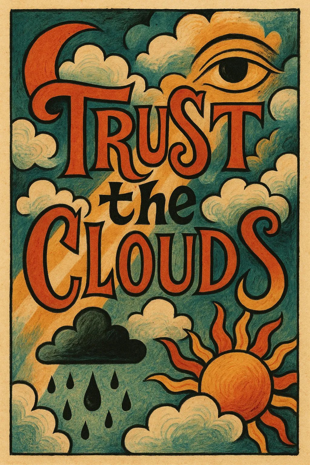 Example output from the Surreal Illustrated Quote Posters ChatGPT prompt: expressive posters. Trust the clouds.