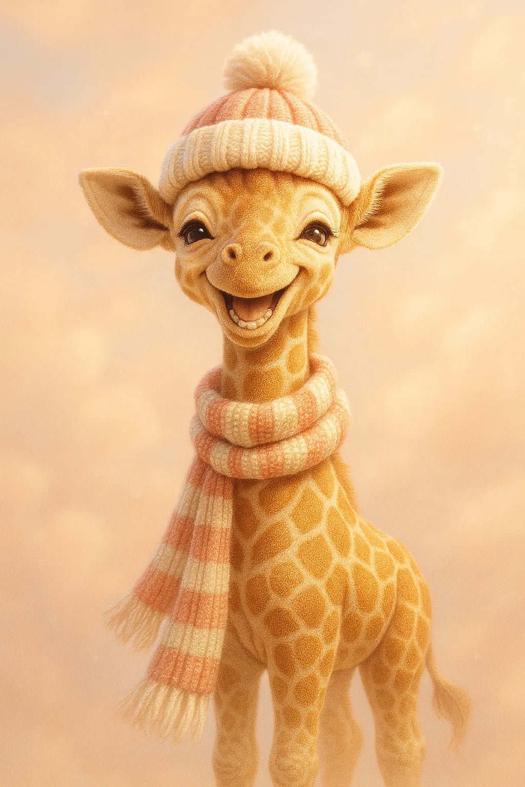 Example output of surreal plush animal portrait generated by a ChatGPT prompt template, featuring a baby giraffe.