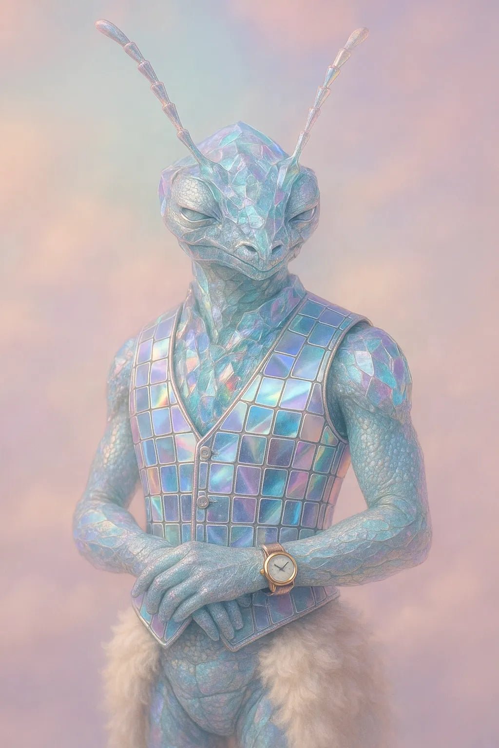 Example output of surreal plush animal portrait generated by a ChatGPT prompt template, featuring a Beetle.
