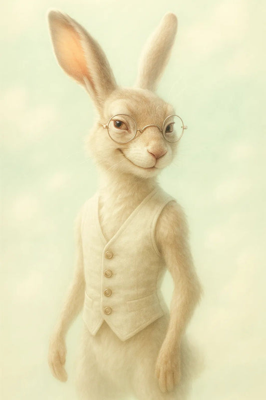 Example output of surreal plush animal portrait generated by a ChatGPT prompt template, featuring a Hare.