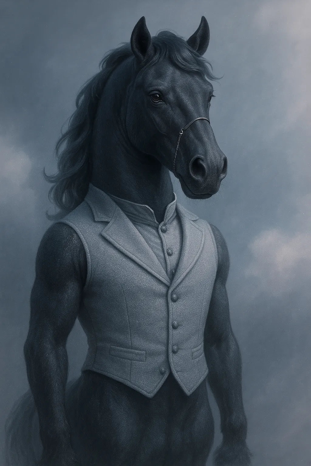 Example output of surreal plush animal portrait generated by a ChatGPT prompt template, featuring a Horse.
