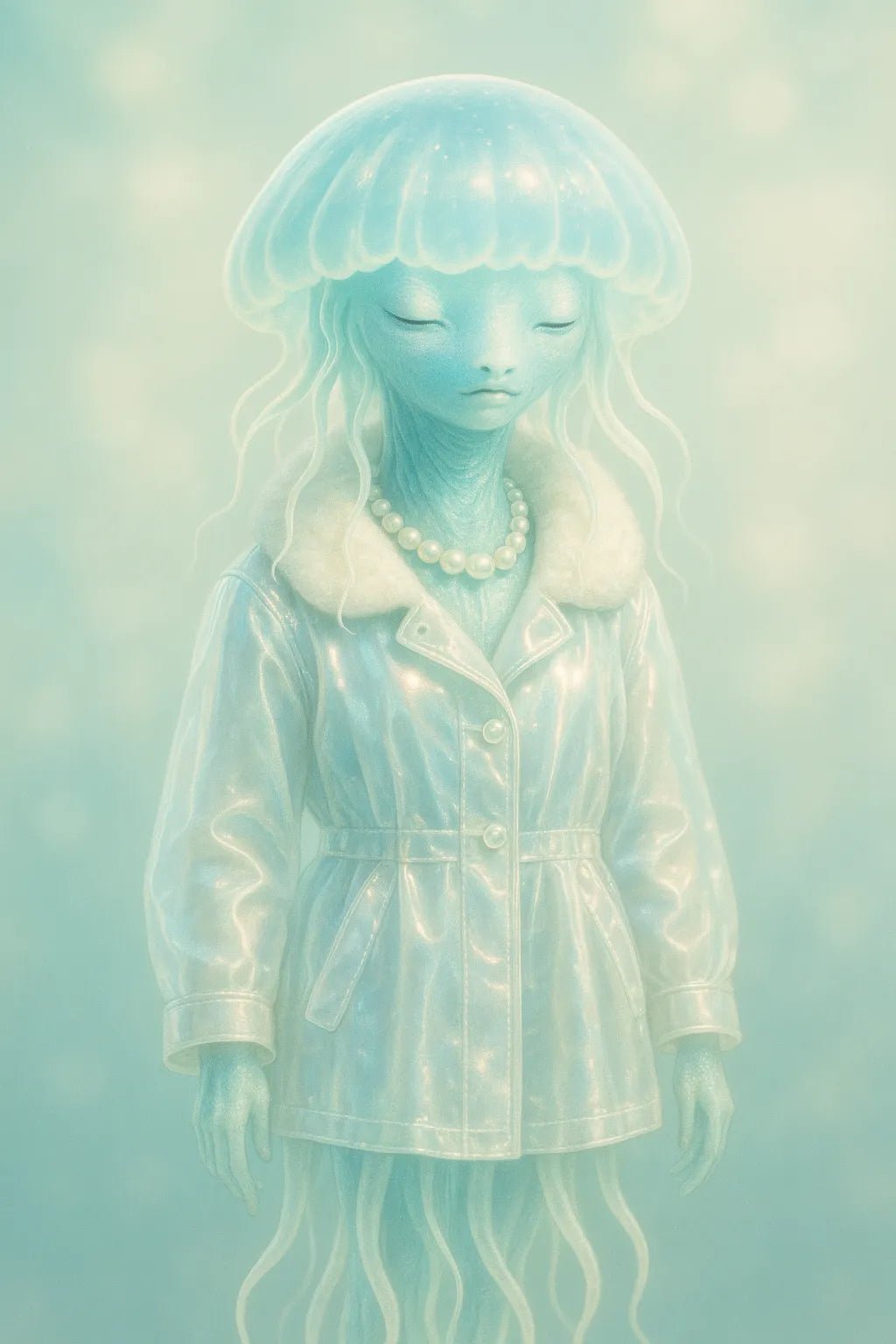 Example output of surreal plush animal portrait generated by a ChatGPT prompt template, featuring a Jellyfish.