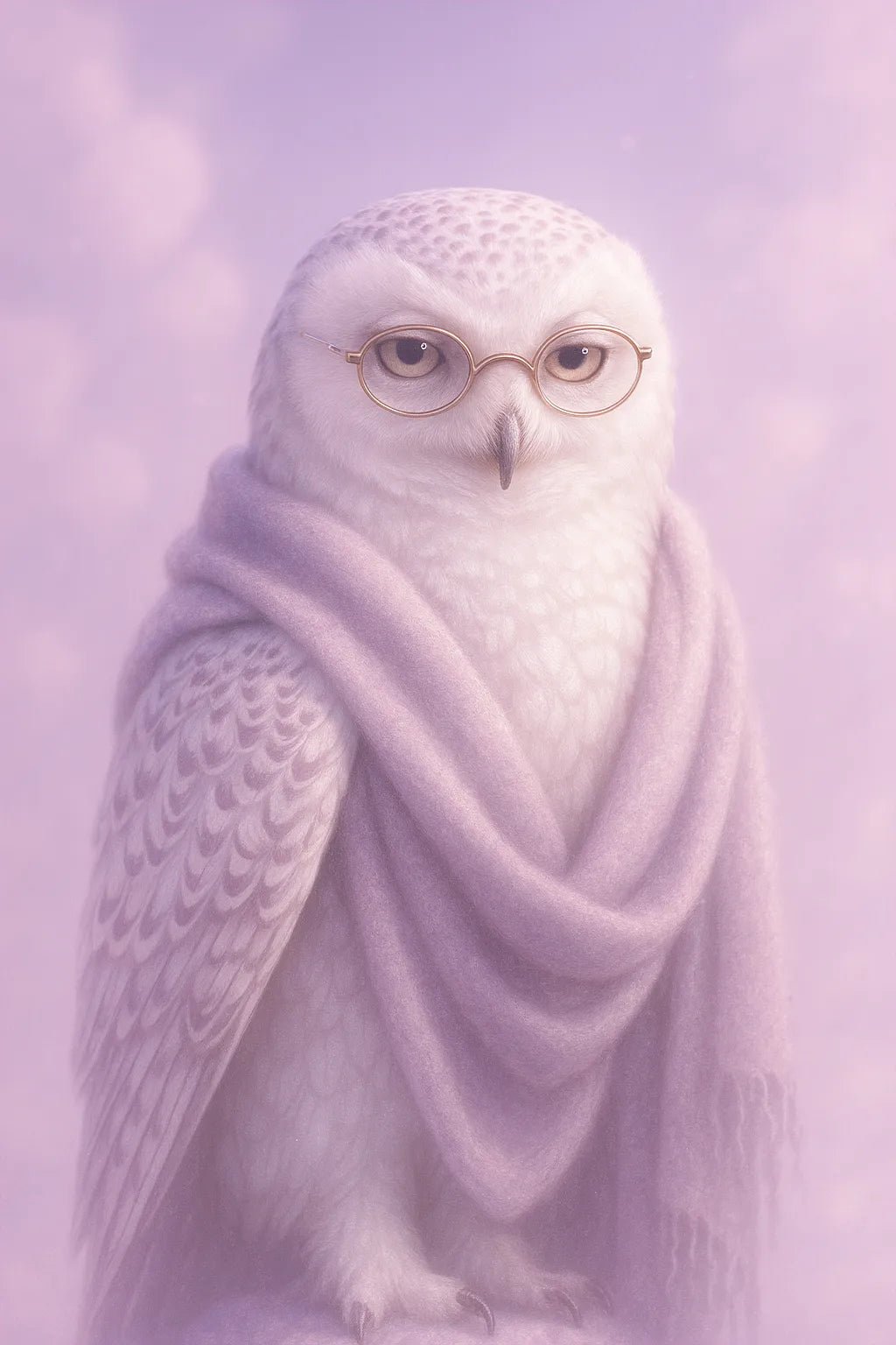 Example output of surreal plush animal portrait generated by a ChatGPT prompt template, featuring a Owl.