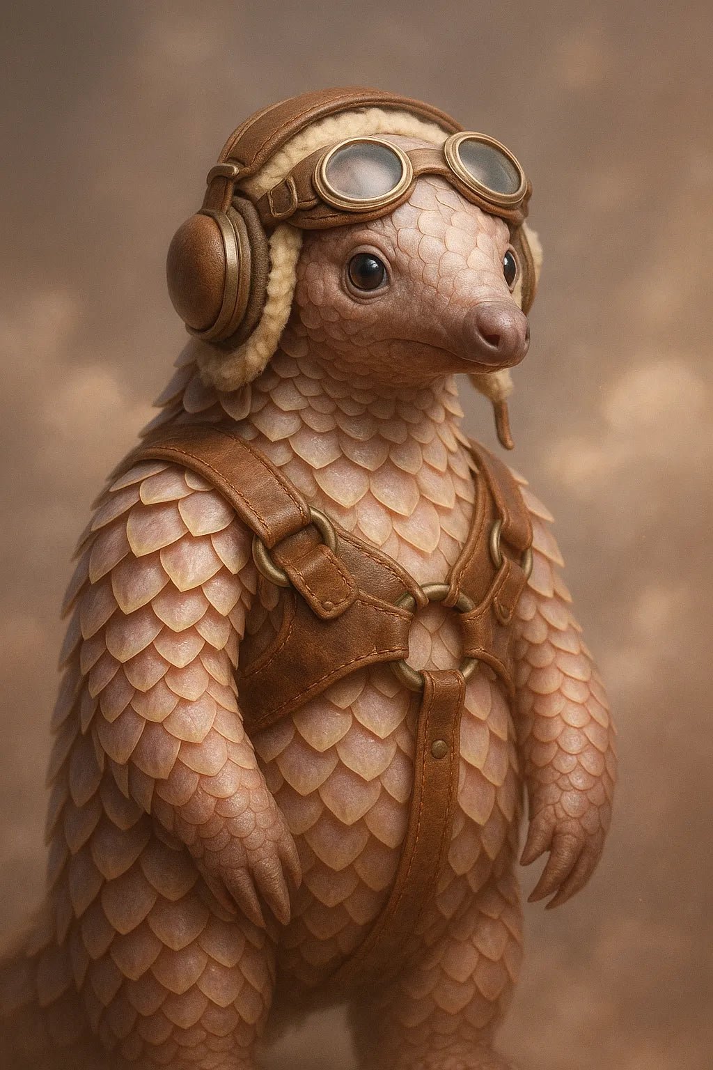 Example output of surreal plush animal portrait generated by a ChatGPT prompt template, featuring a Pangolin.