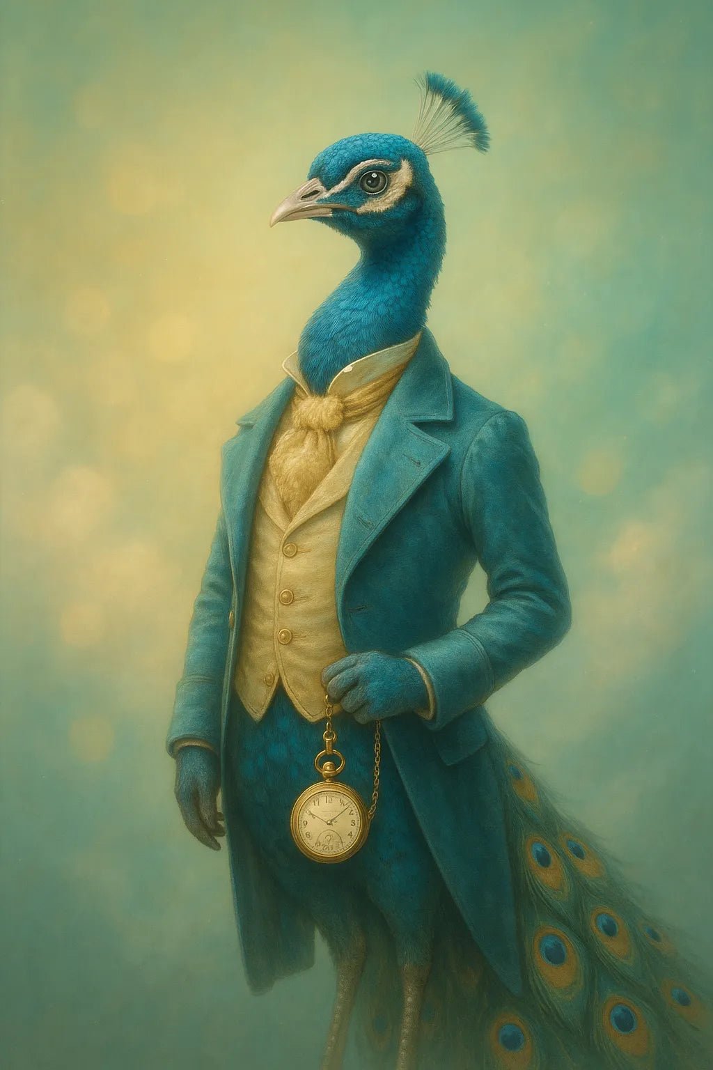 Example output of surreal plush animal portrait generated by a ChatGPT prompt template, featuring a Peacock.