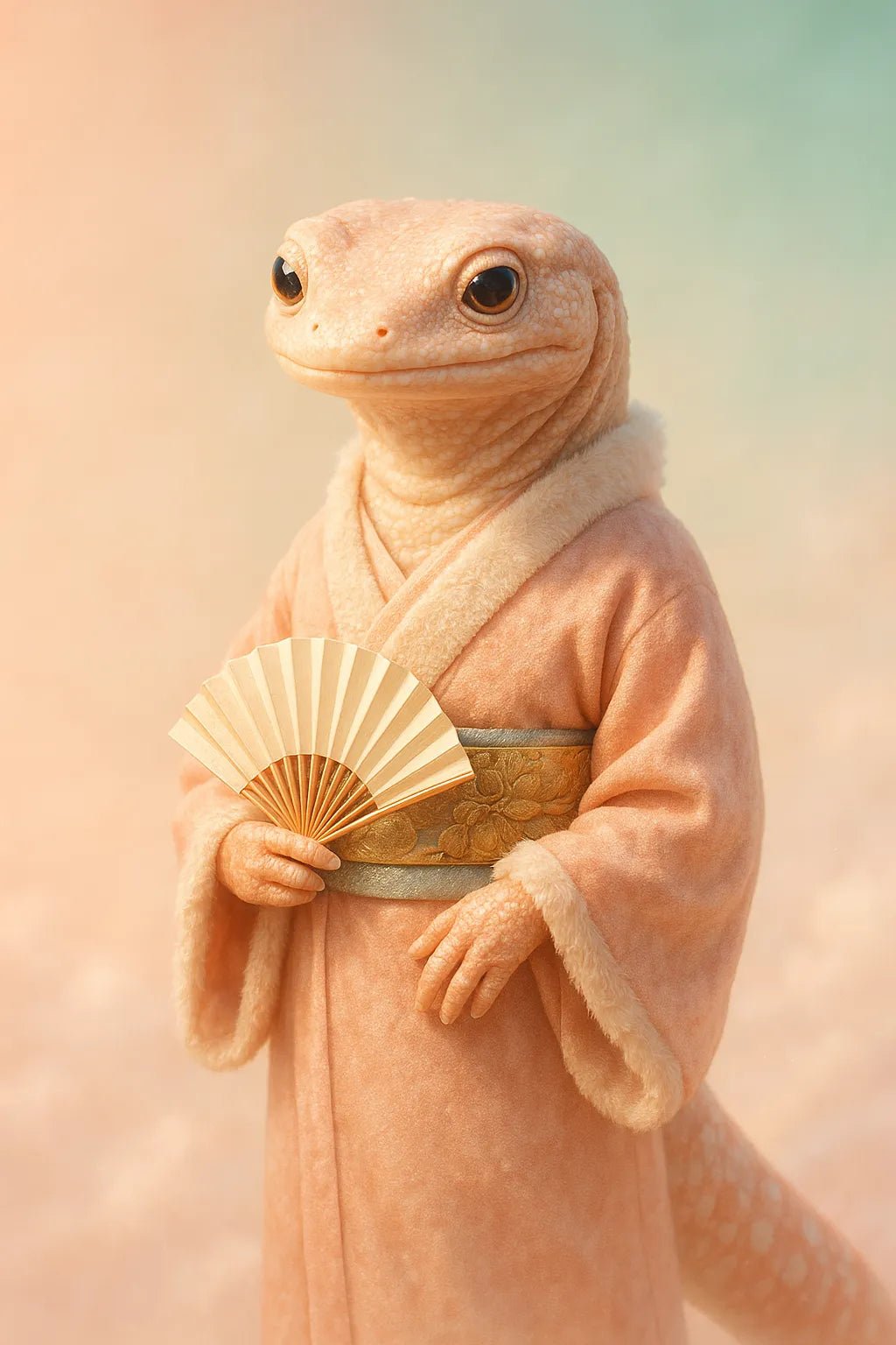 Example output of surreal plush animal portrait generated by a ChatGPT prompt template, featuring a Salamander.