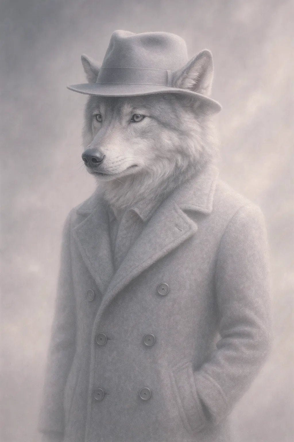 Example output of surreal plush animal portrait generated by a ChatGPT prompt template, featuring a Wolf.