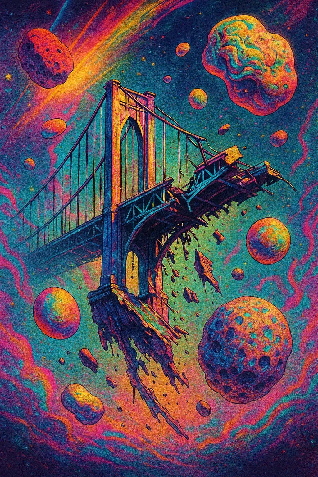 Example output from the Surreal Psychedelic Portrait Art ChatGPT prompt: vivid, hyper-saturated portraits. Bridge.